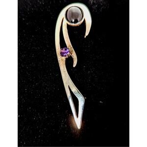 Sterling silver black onyx + amethyst Pin Handmade Large see photos measurements